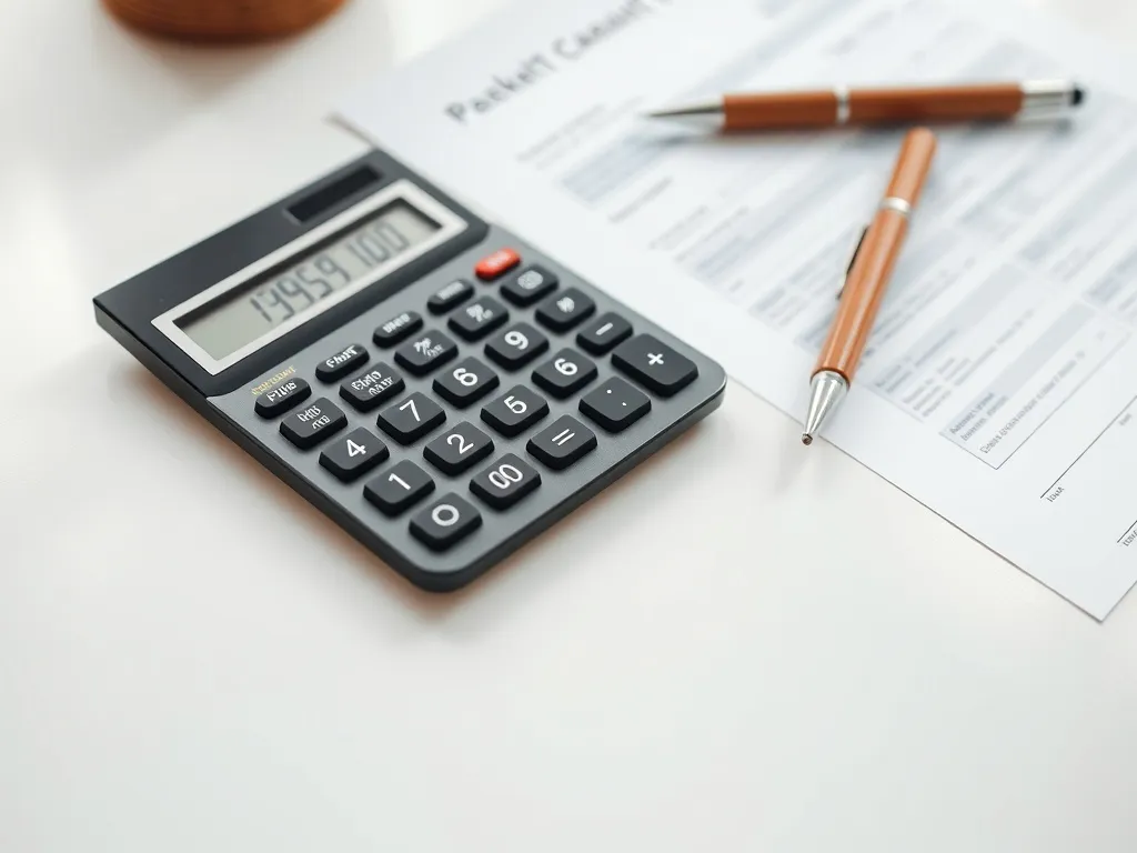 A close-up high-quality photo of a modern calculator, a wood