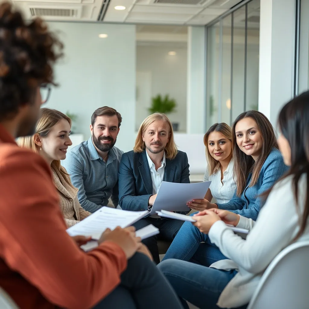 A group of diverse people sitting in a modern office, discus
