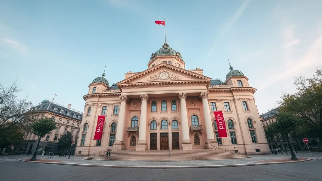 A wide angle professional shot of Debrecen city hall archite