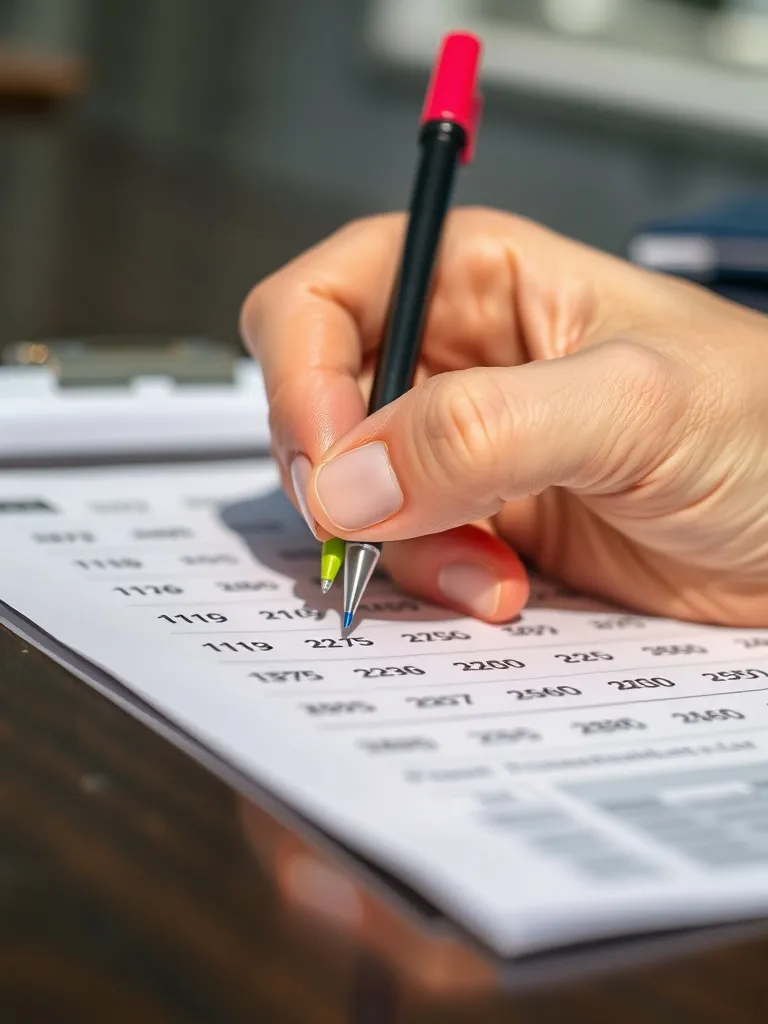 A person writing numbers on a sheet of paper with a colorful
