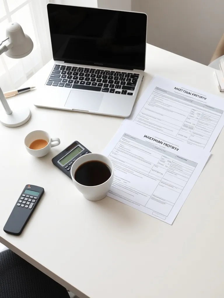 A clean desk with a laptop, Hungarian tax forms, a calculato