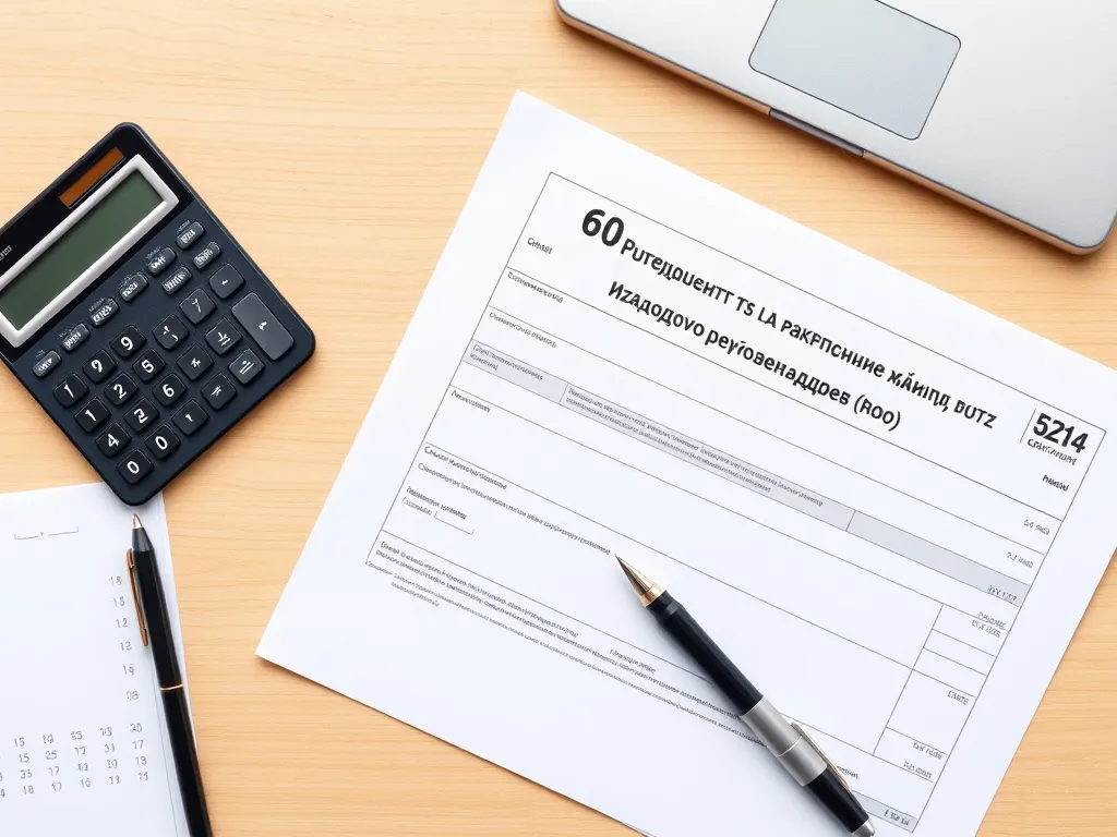 A professional office desk with a calculator, some tax forms